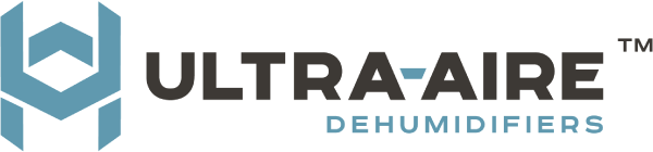 Ultra-Aire Dehumidifiers logo with blue hexagon icon and gray-black text on white background