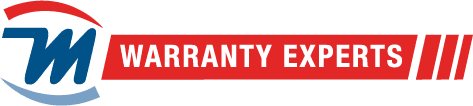 Warranty Experts logo with blue and red emblem and bold red wordmark on white background
