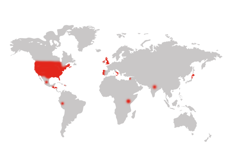 World map with the United States and several other countries highlighted in red.