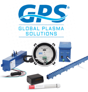 GDS Global Plasma Solutions logo with HVAC air-cleaning devices and components on white background