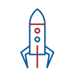 Blue outline rocket with red and blue portholes and fins on a white background