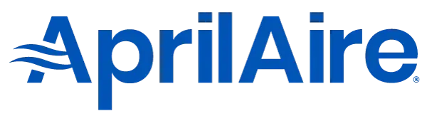 Aprilaire logo in blue text with a stylized wave icon on a white background