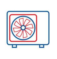 Blue and red line icon of an air conditioner with a fan inside a square unit