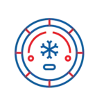 Blue and red circular robot face icon with a snowflake in the center