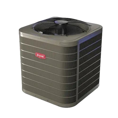 Gray outdoor air conditioner unit with a black top fan and red Bryant logo