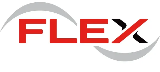FLEX logo in red and black with a gray curved swoosh around the text