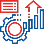 Red and blue business analytics icons with a gear, upward arrow, and rising bar chart