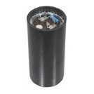 Black cylindrical container with a top view of assorted small objects inside