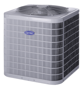 Gray outdoor air conditioning condenser unit with top fan grille