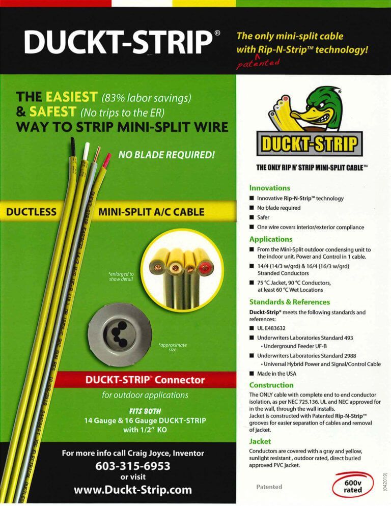 Duckt-Strip cable stripper ad with green-and-black design and product photos on a white flyer