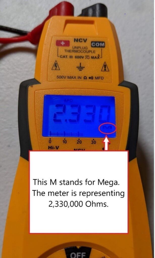 Yellow digital meter showing 2330 with a note explaining it means 2.33 megaohms