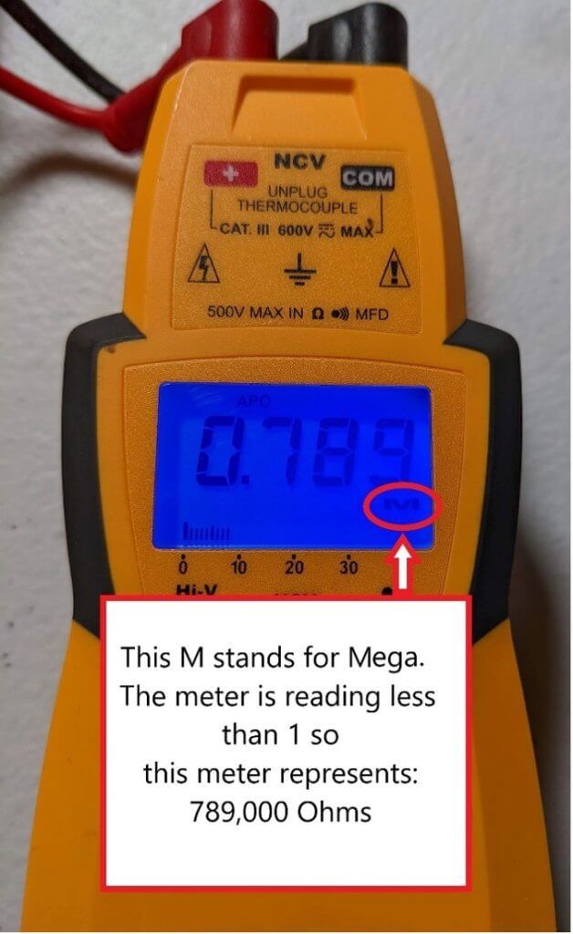 Orange digital multimeter with blue display showing 0.789 and a note explaining the MΩ reading