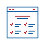 Checklist form icon with red checkmarks and blue text lines on a white background