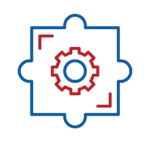 Blue and red gear icon inside a puzzle-piece outline
