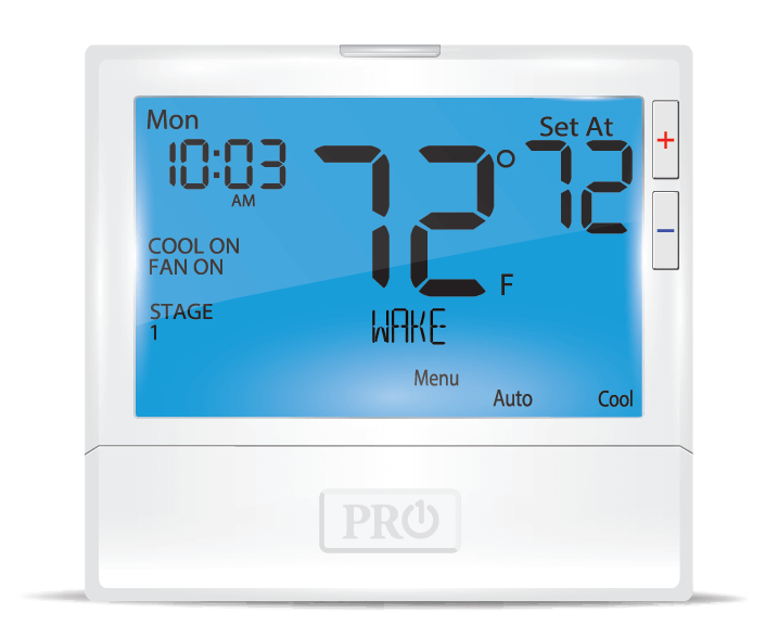 White thermostat showing 72°F, blue backlit display, with menu and cooling settings visible