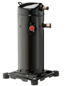 Black cylindrical HVAC compressor with copper fittings on a base unit