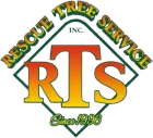 Logo for "Rescue Tree Service, Inc." featuring large red and yellow "RTS" letters inside a green diamond, "Since 1996" below.