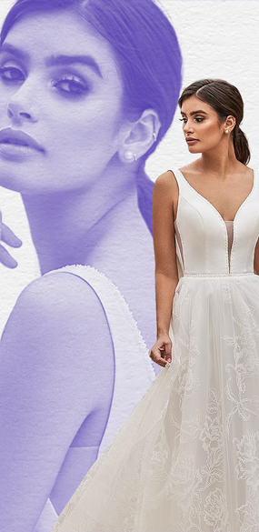 Una mujer con un vestido de novia blanco está parada delante de un fondo morado.