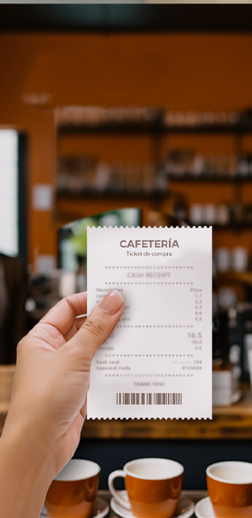 Una persona sostiene un recibo delante de tres tazas de café.