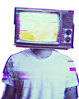 Una persona con un televisor en la cabeza.