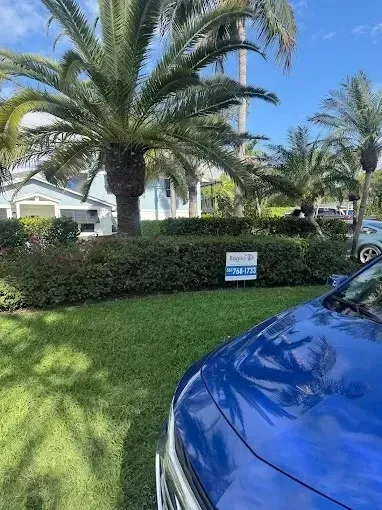 Blue car parked by a lawn and palm trees with a small sign in a sunny residential area