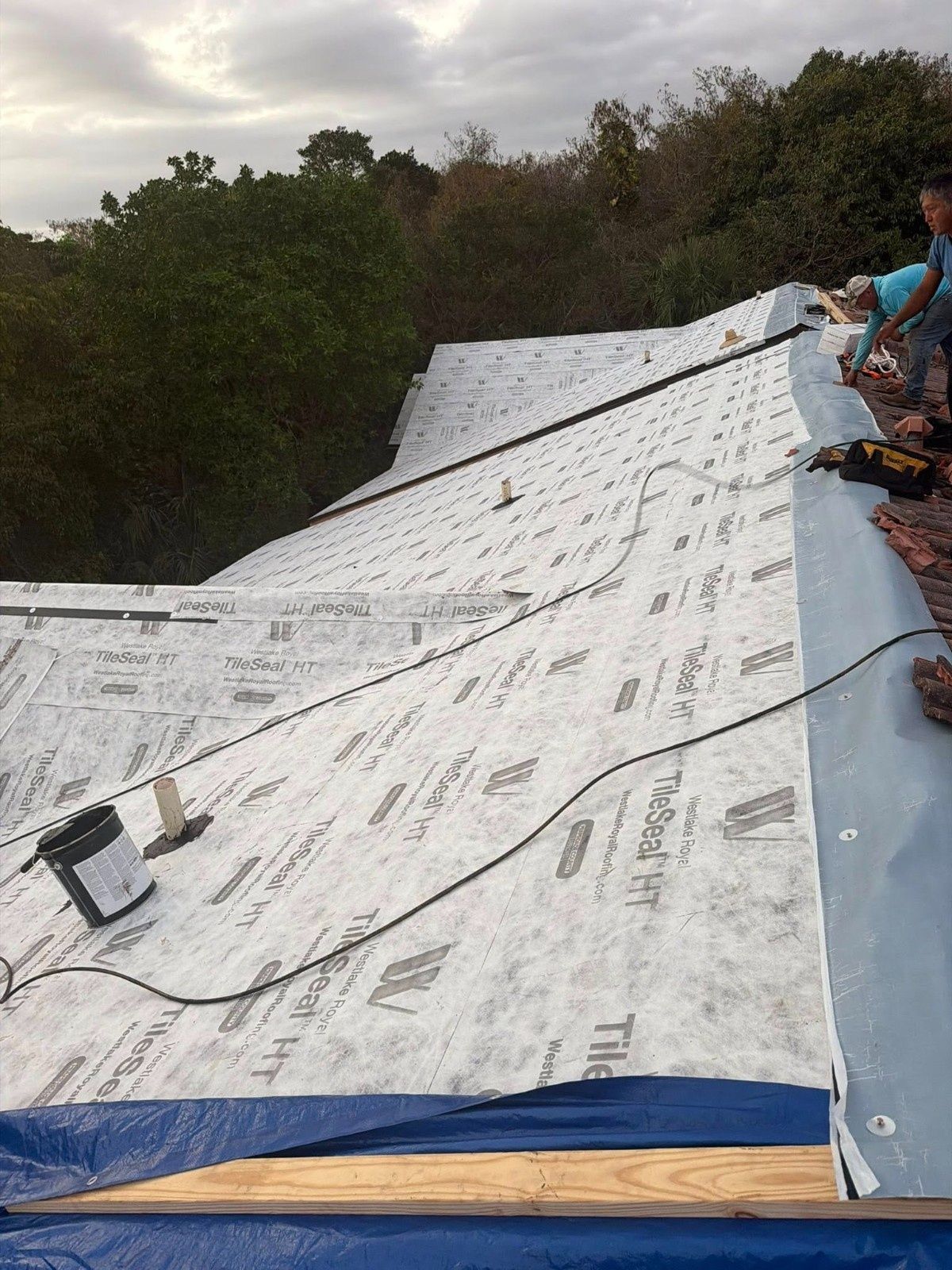 Workers installing white roofing underlayment on a sloped roof, with trees in the background.