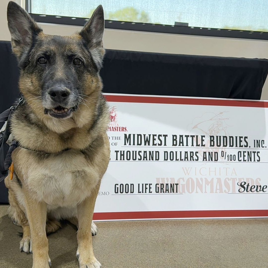 A large dog stands in front of an oversized check