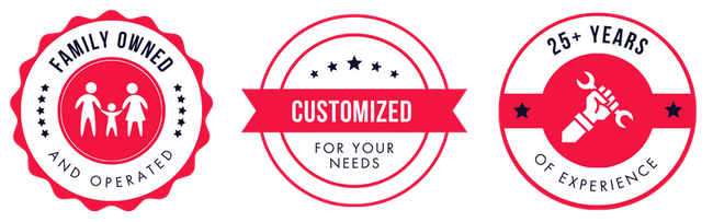 Logos: Family-owned, customized, and 25+ years of experience in red and white circles.