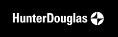 HunterDouglas logo in white on a black background, with a circular four-part icon