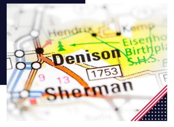 Map showing the cities of Denison and Sherman, Texas, with Interstate 75.
