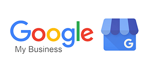 Google My Business logo: Google text logo with a blue shop icon with a white 
