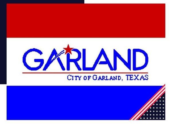 Flag of Garland, Texas, with red and blue bands.