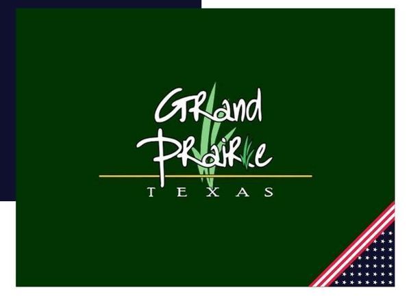 Grand Prairie Texas logo on green background with decorative elements.