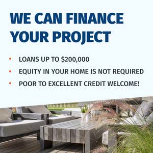 Patio furniture ad: “We can finance your project,” with loan and credit bullet points.