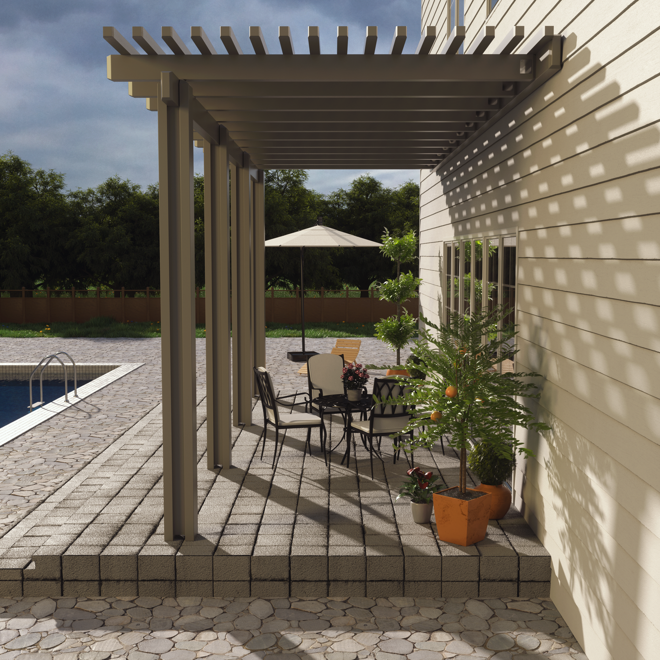 Pergola with seating area next to a house and pool.
