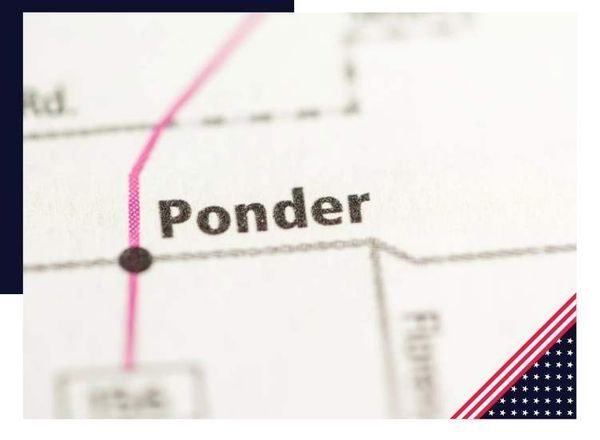 Map detail showing the town of Ponder, Texas. Pink line and black dot.