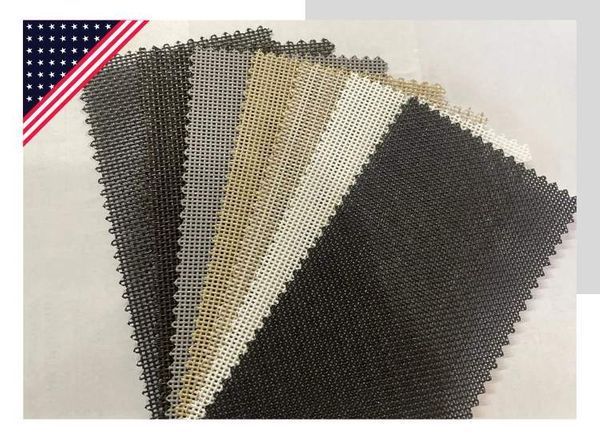 Fabric samples, various shades of gray and tan, arranged in a fan shape with US flag.