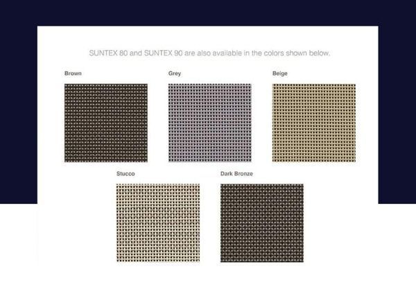 Swatches of Suntex 80 and Suntex 90 fabric in brown, grey, beige, bronze, and dark bronze.
