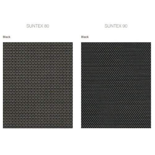 Two close-up views of black Suntex 80 screen material. The left is a grid pattern, right is a ribbed pattern.