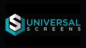 Universal Screens logo with teal and gray hexagon icon on a black background