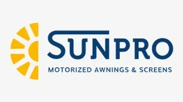 SunPro logo with yellow sun icon and blue text, “Motorized Awnings & Screens”