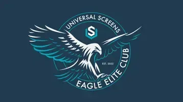Universal Screens Eagle Elite Club logo with teal eagle and shield on dark background
