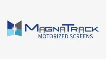 Magnatrack Motorized Screens logo with blue geometric icon and gray-blue text on white background