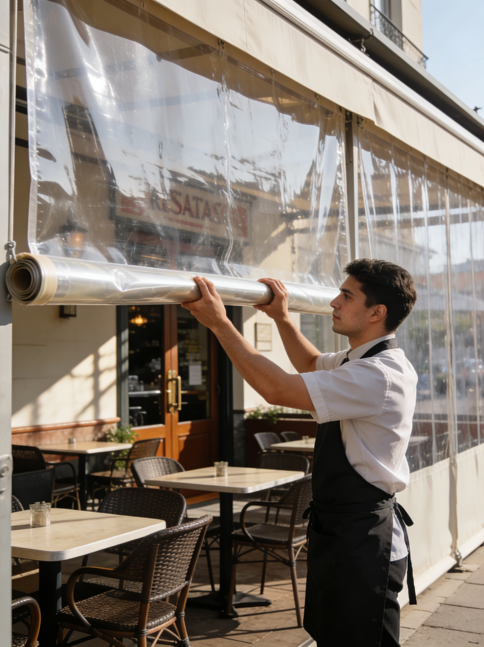 Waiter rolling down clear outdoor café curtain over tables and chairs