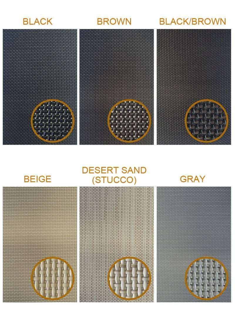 Color samples of window screen mesh: black, brown, black/brown, beige, desert sand, and gray.