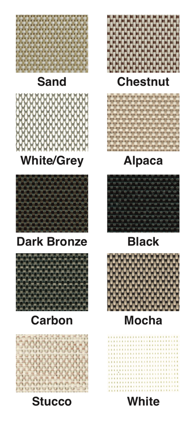 Color swatches labeled: Sand, Chestnut, White/Gray, Alpaca, Dark Bronze, Black, Carbon, Mocha, Stucco, White.
