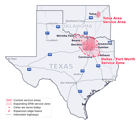Map of Texas and Oklahoma showing major interstates, American Patio Enclosures' current service areas around Dallas/Fort Worth and Tulsa, and the expanding DFW service zone out to Wichita Falls, Bowie, Decatur, Greenville, Quinlan, Athens and Corsicana.