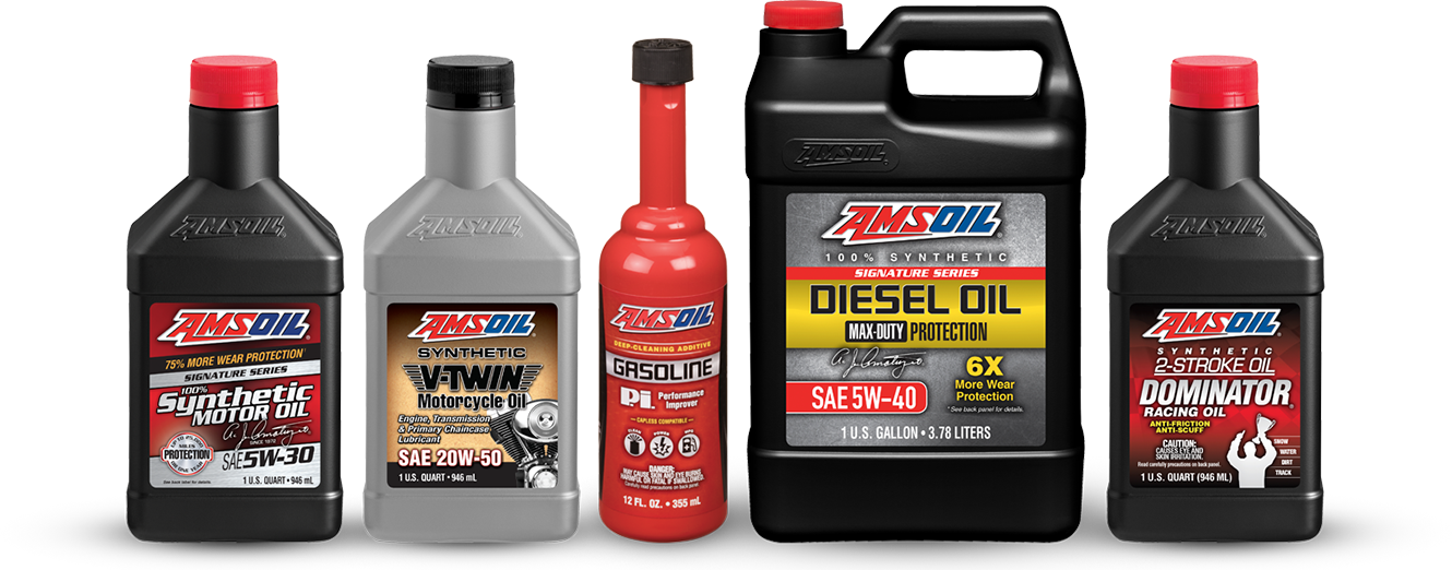 A lineup of five oil and fuel additives in assorted bottles on a white background.
