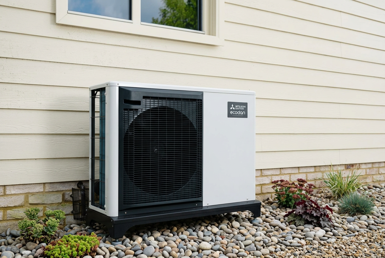 Heat pump on grass path in front of bush