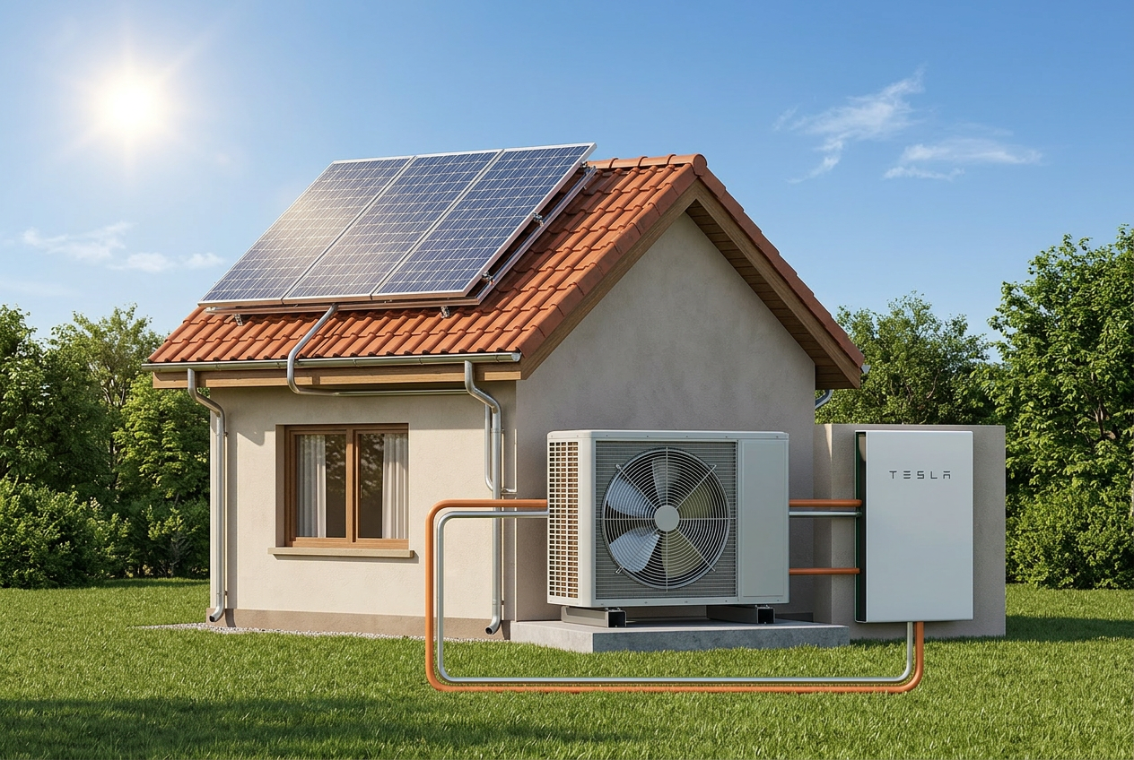 Solar panels with heat pump and battery storage